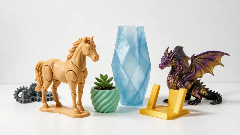 Colección de piezas impresas en 3D: caballo articulado en tono madera, jarrón azul translúcido, matera verde menta, dragón multicolor y soporte dorado