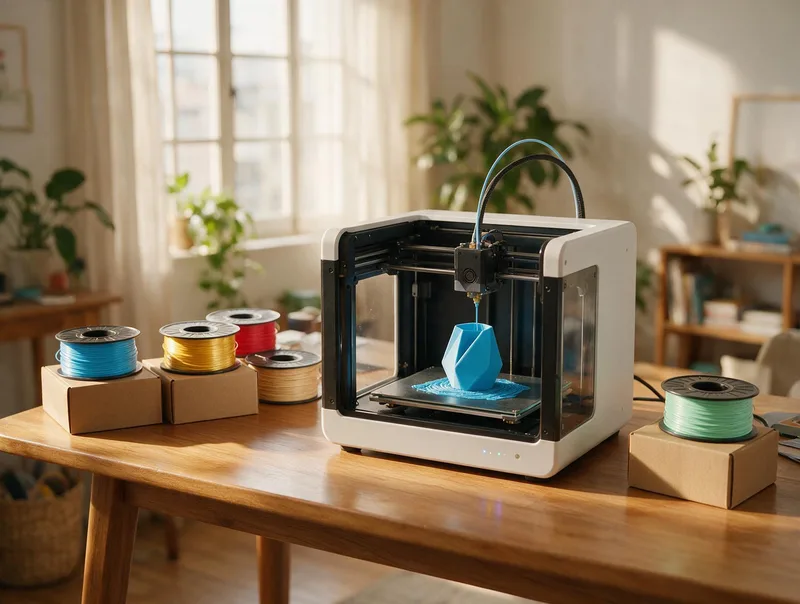 Impresora 3D trabajando tranquila en un escritorio de hogar, con bobinas de filamento de colores al lado