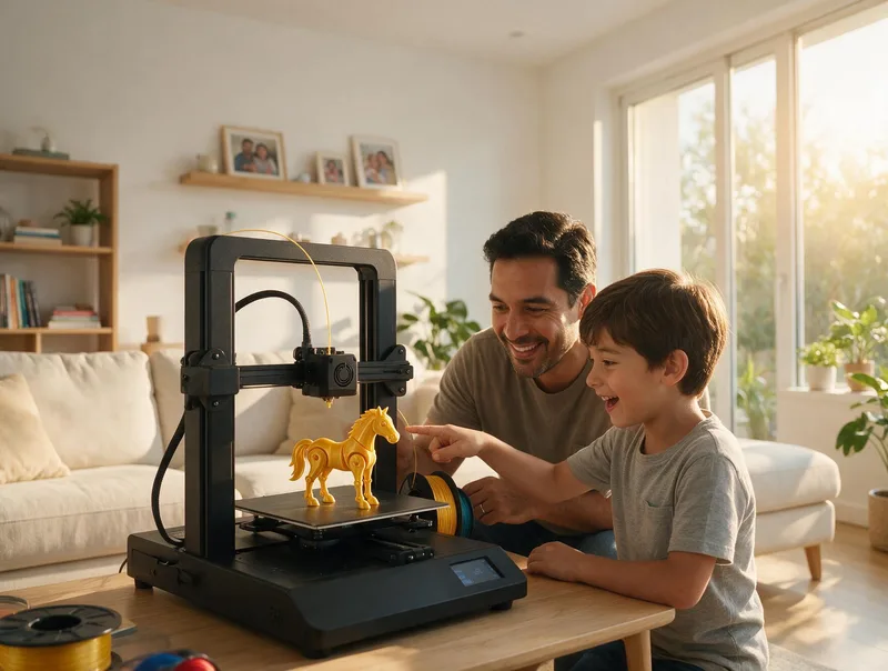 Padre e hijo emocionados viendo una impresora 3D terminar un caballito de juguete amarillo en la sala de su casa