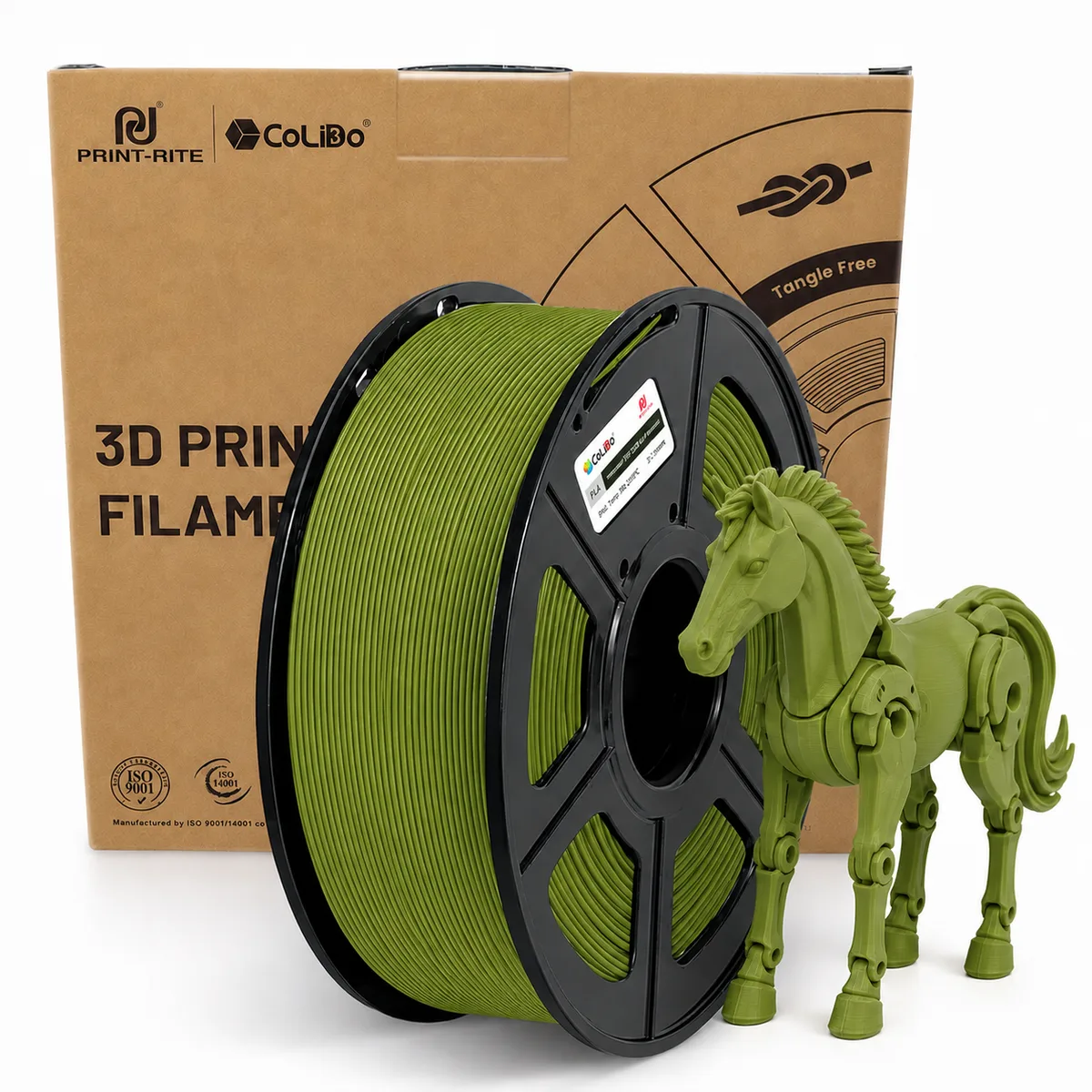 Bobina de filamento PETG CoLiDo color verde bamboo con su caja kraft y caballo impreso en 3D